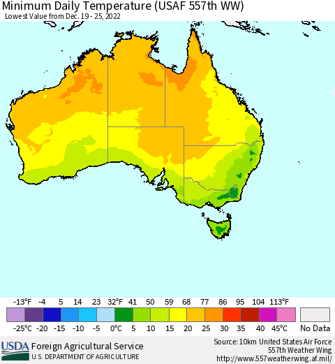 Australia Minimum Daily Temperature (USAF 557th WW) Thematic Map For 12/19/2022 - 12/25/2022