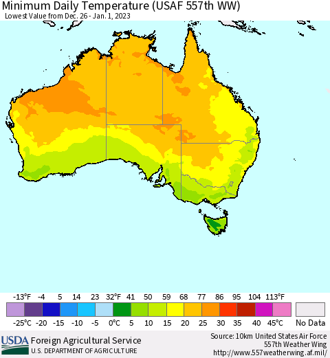 Australia Minimum Daily Temperature (USAF 557th WW) Thematic Map For 12/26/2022 - 1/1/2023