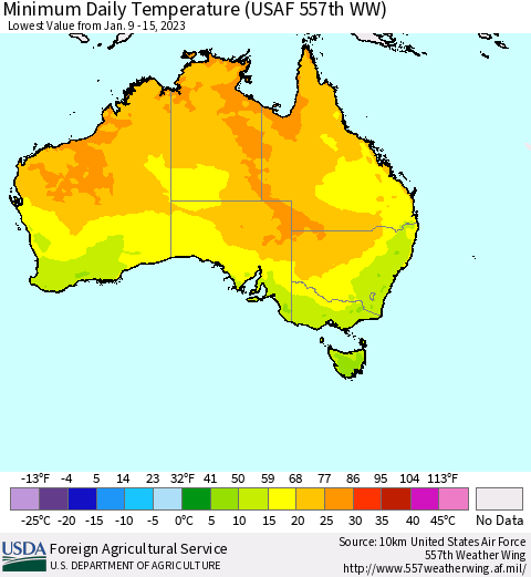 Australia Minimum Daily Temperature (USAF 557th WW) Thematic Map For 1/9/2023 - 1/15/2023