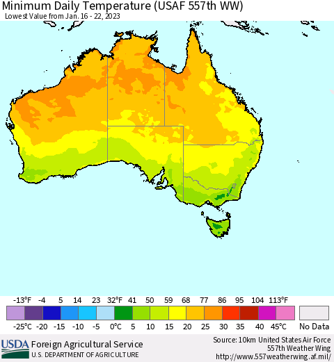 Australia Minimum Daily Temperature (USAF 557th WW) Thematic Map For 1/16/2023 - 1/22/2023
