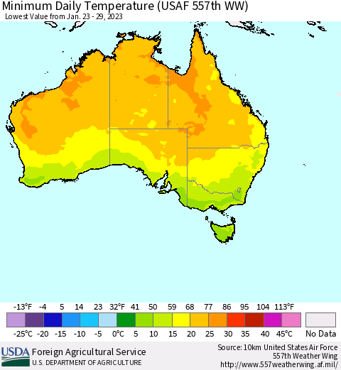 Australia Minimum Daily Temperature (USAF 557th WW) Thematic Map For 1/23/2023 - 1/29/2023