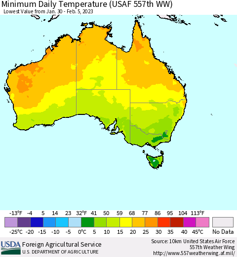 Australia Minimum Daily Temperature (USAF 557th WW) Thematic Map For 1/30/2023 - 2/5/2023