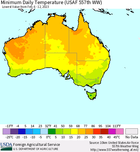 Australia Minimum Daily Temperature (USAF 557th WW) Thematic Map For 2/6/2023 - 2/12/2023
