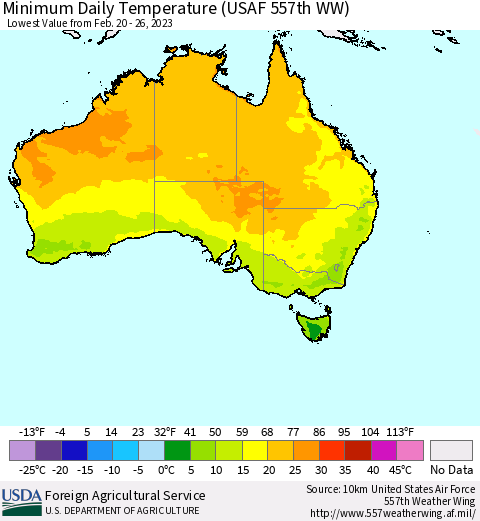 Australia Minimum Daily Temperature (USAF 557th WW) Thematic Map For 2/20/2023 - 2/26/2023