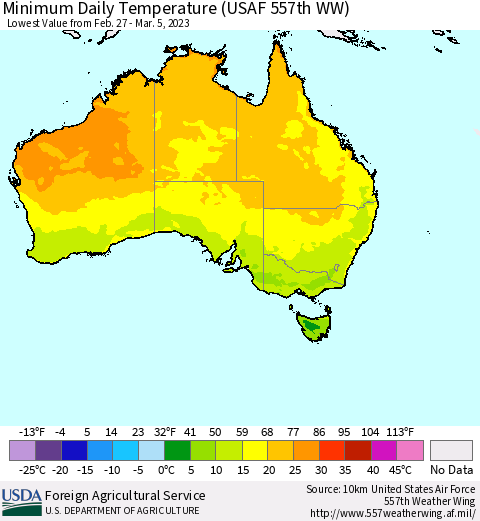 Australia Minimum Daily Temperature (USAF 557th WW) Thematic Map For 2/27/2023 - 3/5/2023