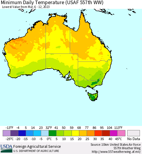 Australia Minimum Daily Temperature (USAF 557th WW) Thematic Map For 3/6/2023 - 3/12/2023