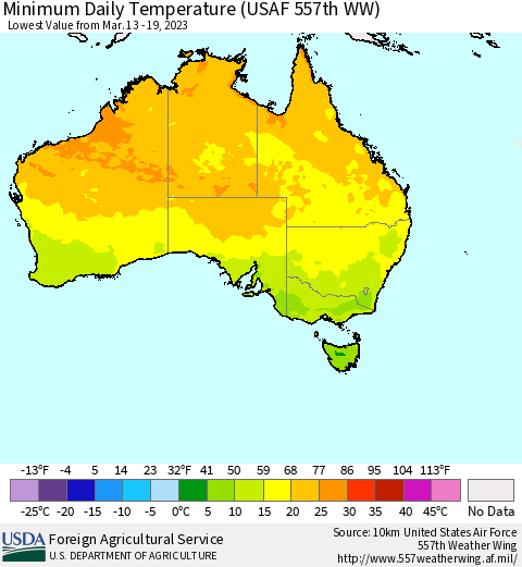 Australia Minimum Daily Temperature (USAF 557th WW) Thematic Map For 3/13/2023 - 3/19/2023