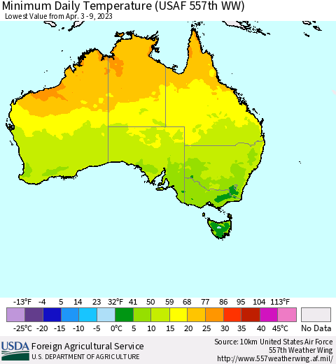 Australia Minimum Daily Temperature (USAF 557th WW) Thematic Map For 4/3/2023 - 4/9/2023