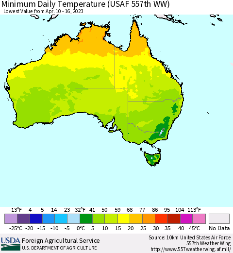 Australia Minimum Daily Temperature (USAF 557th WW) Thematic Map For 4/10/2023 - 4/16/2023