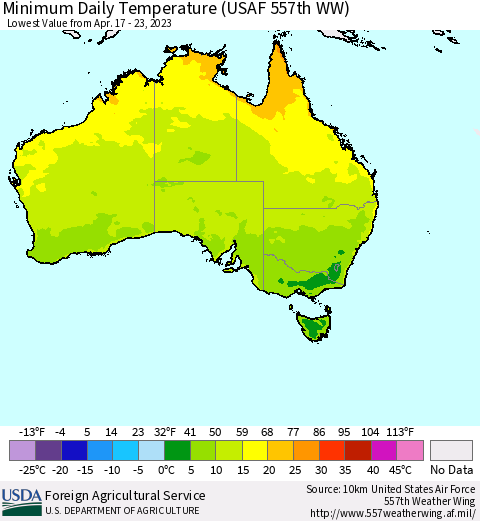 Australia Minimum Daily Temperature (USAF 557th WW) Thematic Map For 4/17/2023 - 4/23/2023