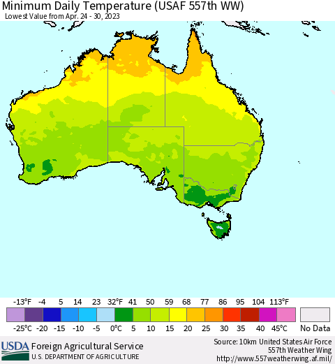 Australia Minimum Daily Temperature (USAF 557th WW) Thematic Map For 4/24/2023 - 4/30/2023