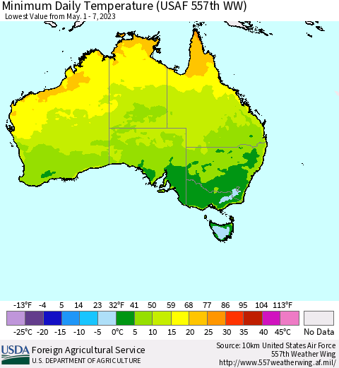 Australia Minimum Daily Temperature (USAF 557th WW) Thematic Map For 5/1/2023 - 5/7/2023