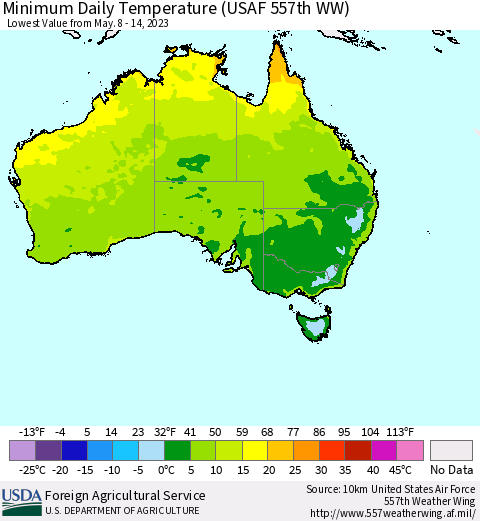 Australia Minimum Daily Temperature (USAF 557th WW) Thematic Map For 5/8/2023 - 5/14/2023