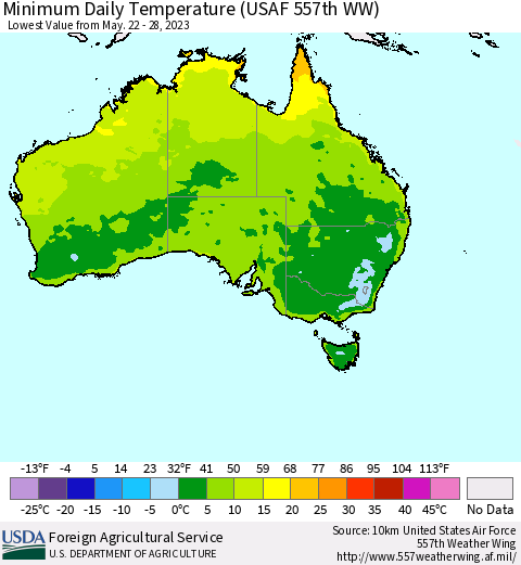 Australia Minimum Daily Temperature (USAF 557th WW) Thematic Map For 5/22/2023 - 5/28/2023