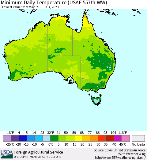 Australia Minimum Daily Temperature (USAF 557th WW) Thematic Map For 5/29/2023 - 6/4/2023