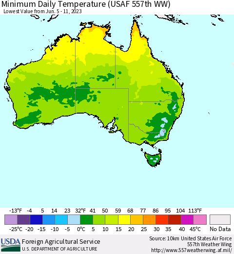 Australia Minimum Daily Temperature (USAF 557th WW) Thematic Map For 6/5/2023 - 6/11/2023