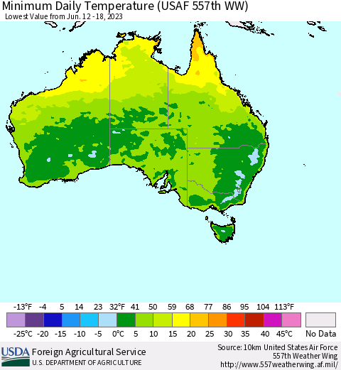 Australia Minimum Daily Temperature (USAF 557th WW) Thematic Map For 6/12/2023 - 6/18/2023