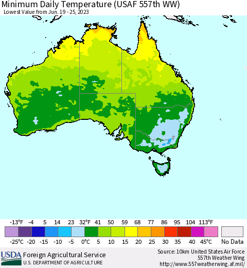 Australia Minimum Daily Temperature (USAF 557th WW) Thematic Map For 6/19/2023 - 6/25/2023