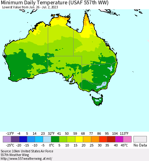 Australia Minimum Daily Temperature (USAF 557th WW) Thematic Map For 6/26/2023 - 7/2/2023