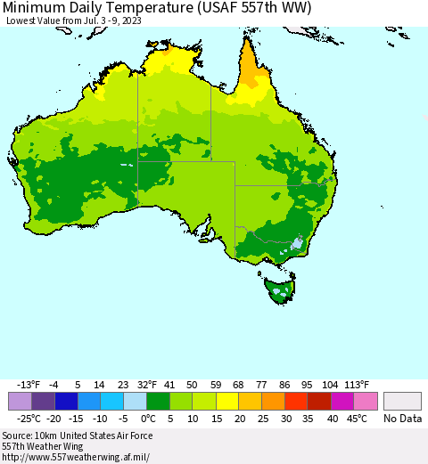 Australia Minimum Daily Temperature (USAF 557th WW) Thematic Map For 7/3/2023 - 7/9/2023