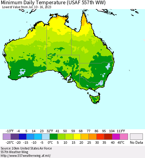 Australia Minimum Daily Temperature (USAF 557th WW) Thematic Map For 7/10/2023 - 7/16/2023