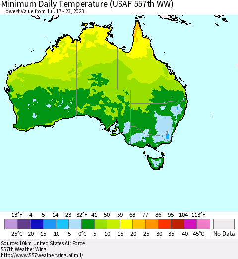 Australia Minimum Daily Temperature (USAF 557th WW) Thematic Map For 7/17/2023 - 7/23/2023