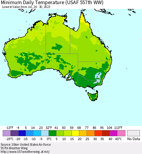 Australia Minimum Daily Temperature (USAF 557th WW) Thematic Map For 7/24/2023 - 7/30/2023