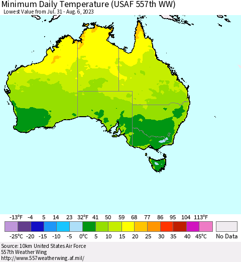 Australia Minimum Daily Temperature (USAF 557th WW) Thematic Map For 7/31/2023 - 8/6/2023