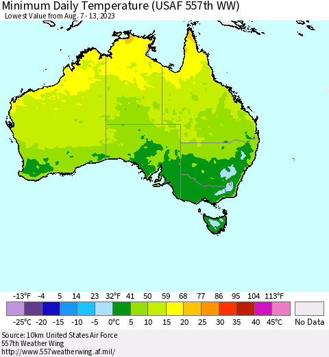 Australia Minimum Daily Temperature (USAF 557th WW) Thematic Map For 8/7/2023 - 8/13/2023