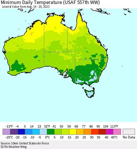 Australia Minimum Daily Temperature (USAF 557th WW) Thematic Map For 8/14/2023 - 8/20/2023