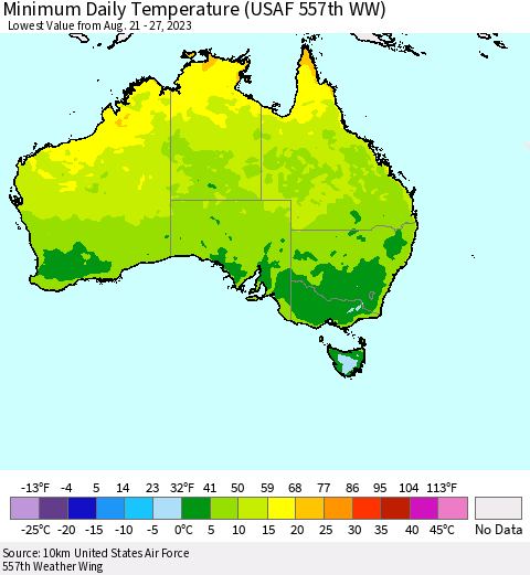 Australia Minimum Daily Temperature (USAF 557th WW) Thematic Map For 8/21/2023 - 8/27/2023