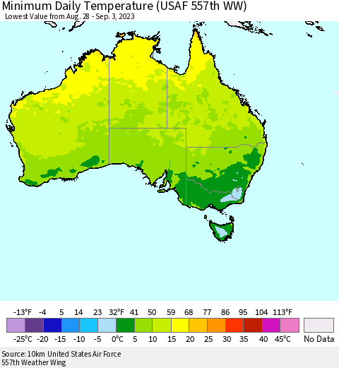 Australia Minimum Daily Temperature (USAF 557th WW) Thematic Map For 8/28/2023 - 9/3/2023