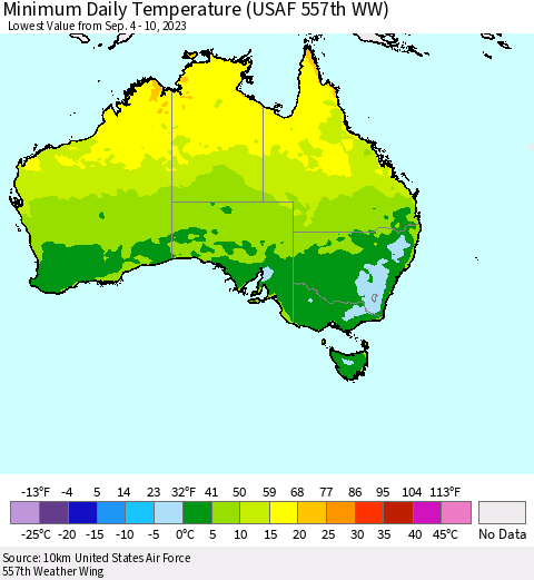 Australia Minimum Daily Temperature (USAF 557th WW) Thematic Map For 9/4/2023 - 9/10/2023