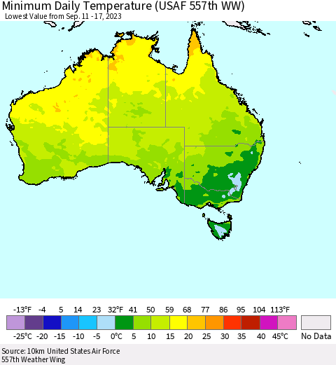 Australia Minimum Daily Temperature (USAF 557th WW) Thematic Map For 9/11/2023 - 9/17/2023
