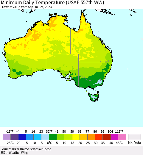 Australia Minimum Daily Temperature (USAF 557th WW) Thematic Map For 9/18/2023 - 9/24/2023