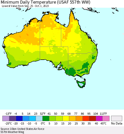 Australia Minimum Daily Temperature (USAF 557th WW) Thematic Map For 9/25/2023 - 10/1/2023