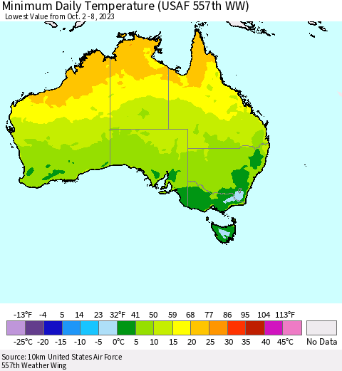 Australia Minimum Daily Temperature (USAF 557th WW) Thematic Map For 10/2/2023 - 10/8/2023