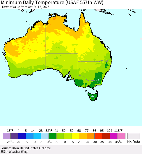 Australia Minimum Daily Temperature (USAF 557th WW) Thematic Map For 10/9/2023 - 10/15/2023