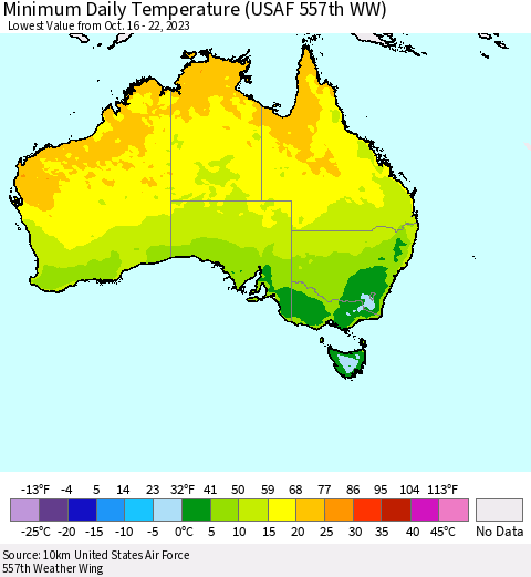 Australia Minimum Daily Temperature (USAF 557th WW) Thematic Map For 10/16/2023 - 10/22/2023