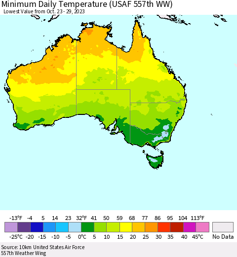 Australia Minimum Daily Temperature (USAF 557th WW) Thematic Map For 10/23/2023 - 10/29/2023