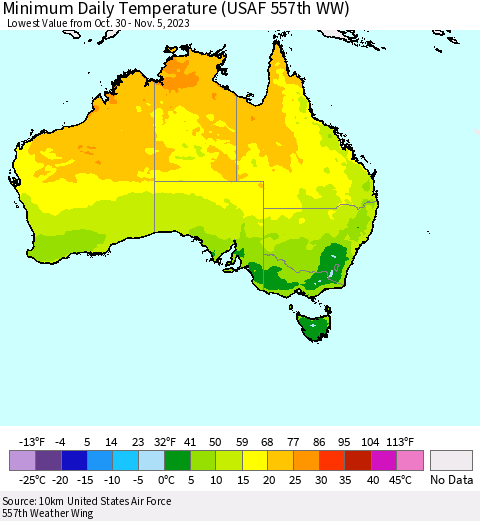 Australia Minimum Daily Temperature (USAF 557th WW) Thematic Map For 10/30/2023 - 11/5/2023