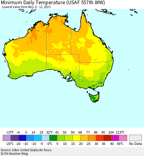 Australia Minimum Daily Temperature (USAF 557th WW) Thematic Map For 11/6/2023 - 11/12/2023