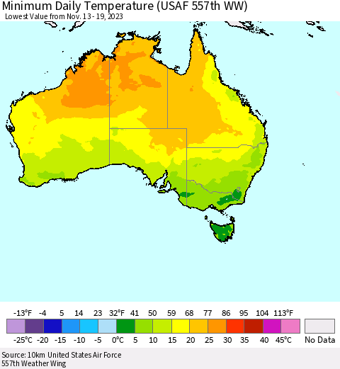 Australia Minimum Daily Temperature (USAF 557th WW) Thematic Map For 11/13/2023 - 11/19/2023