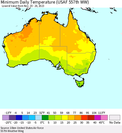 Australia Minimum Daily Temperature (USAF 557th WW) Thematic Map For 11/20/2023 - 11/26/2023