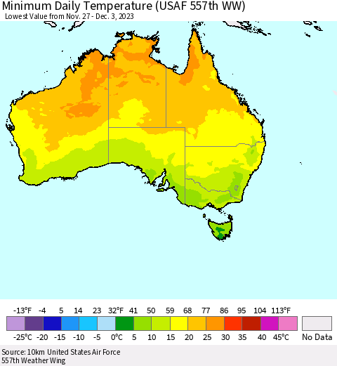 Australia Minimum Daily Temperature (USAF 557th WW) Thematic Map For 11/27/2023 - 12/3/2023