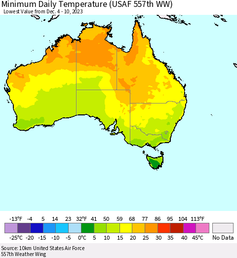 Australia Minimum Daily Temperature (USAF 557th WW) Thematic Map For 12/4/2023 - 12/10/2023