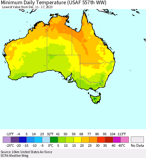 Australia Minimum Daily Temperature (USAF 557th WW) Thematic Map For 12/11/2023 - 12/17/2023