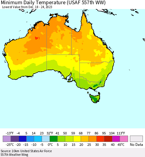 Australia Minimum Daily Temperature (USAF 557th WW) Thematic Map For 12/18/2023 - 12/24/2023