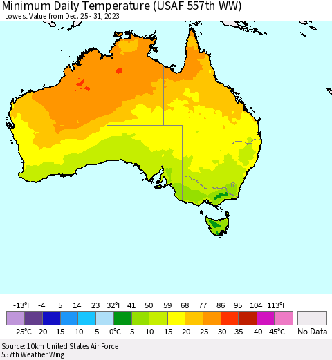 Australia Minimum Daily Temperature (USAF 557th WW) Thematic Map For 12/25/2023 - 12/31/2023