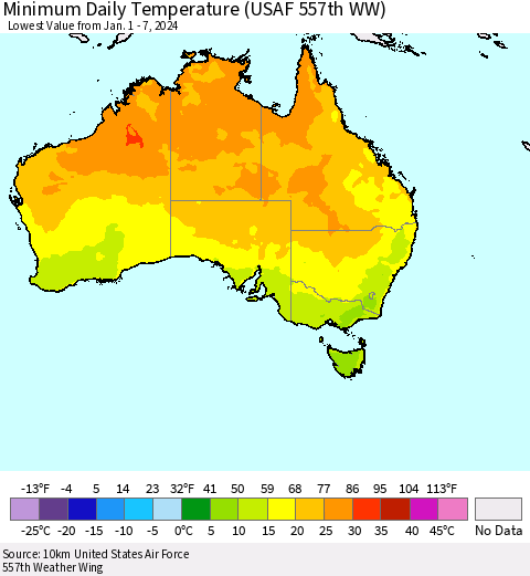 Australia Minimum Daily Temperature (USAF 557th WW) Thematic Map For 1/1/2024 - 1/7/2024